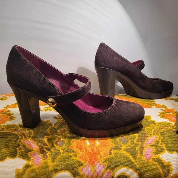 Coach Shoes Brown Suede Mary Jane Heels Platform Unique - Picture 3 of 12